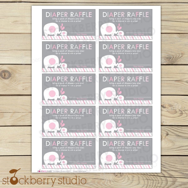 Pink and Gray Elephant Baby Shower Diaper Raffle Tickets - Instant Download