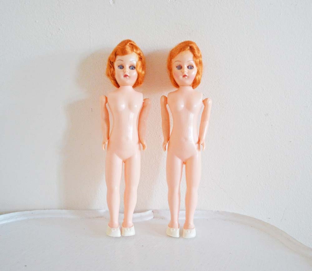 SUMMER SALE Redhead Vintage Plastic Doll Moveable Arms Blinking Eyes Shoes Standing Red Peach Made in Hong Kong Altered Art Mixed Media