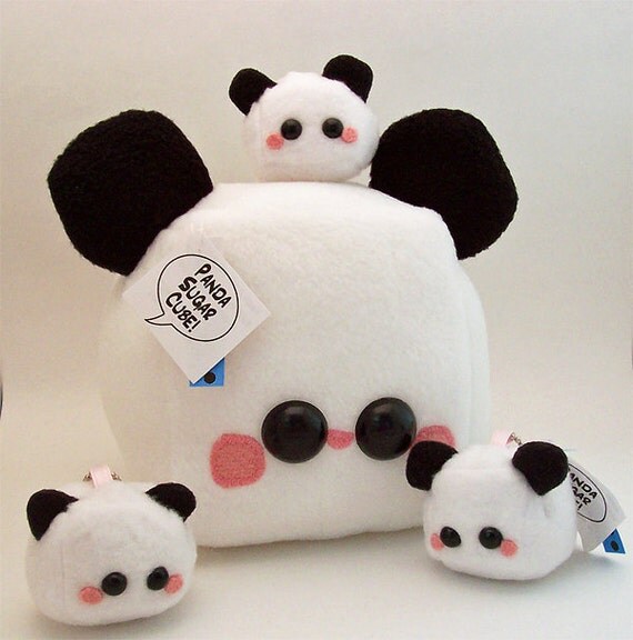 Panda Sugar Cube Bear Plushie kawaii stuffed toy in white and black soft fleece
