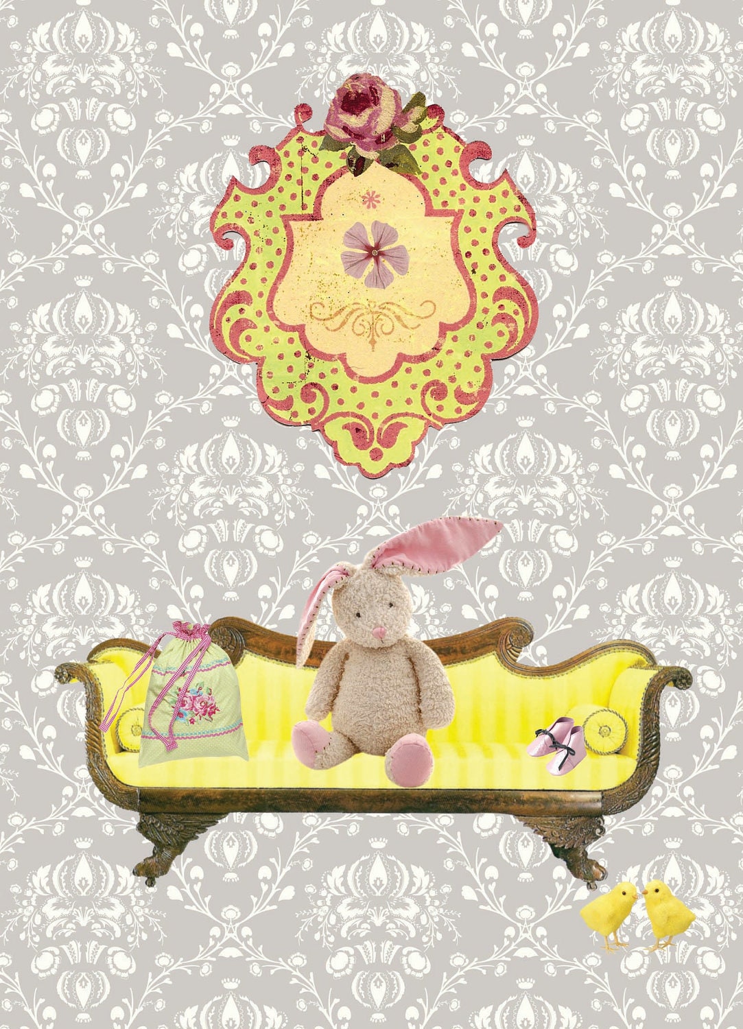 Original digital collage print with yellow and grey, 5x7 size.