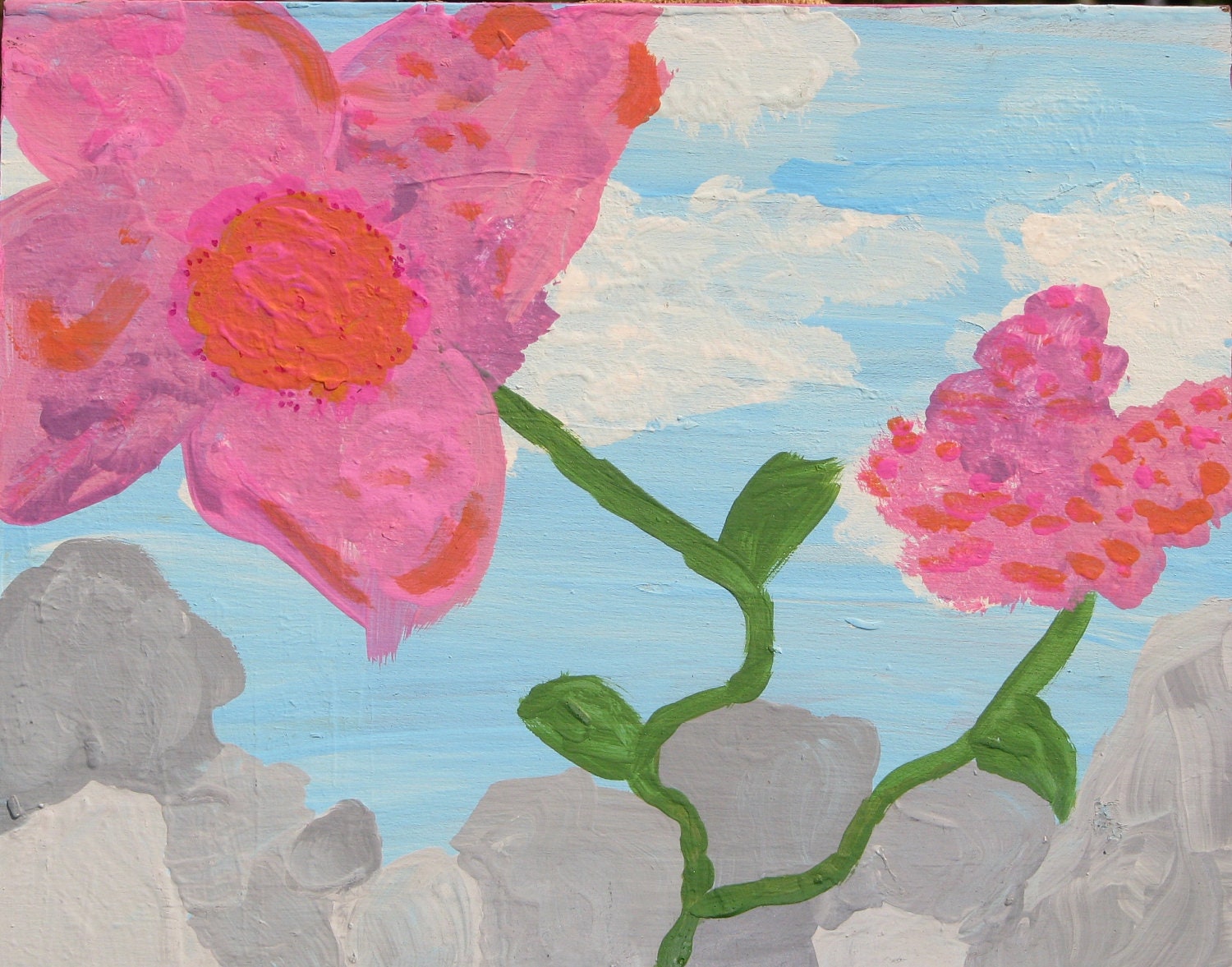 Half Off Blooming pink flower  Original Painting on upcycled wood, Nursery art, Happy abstract art