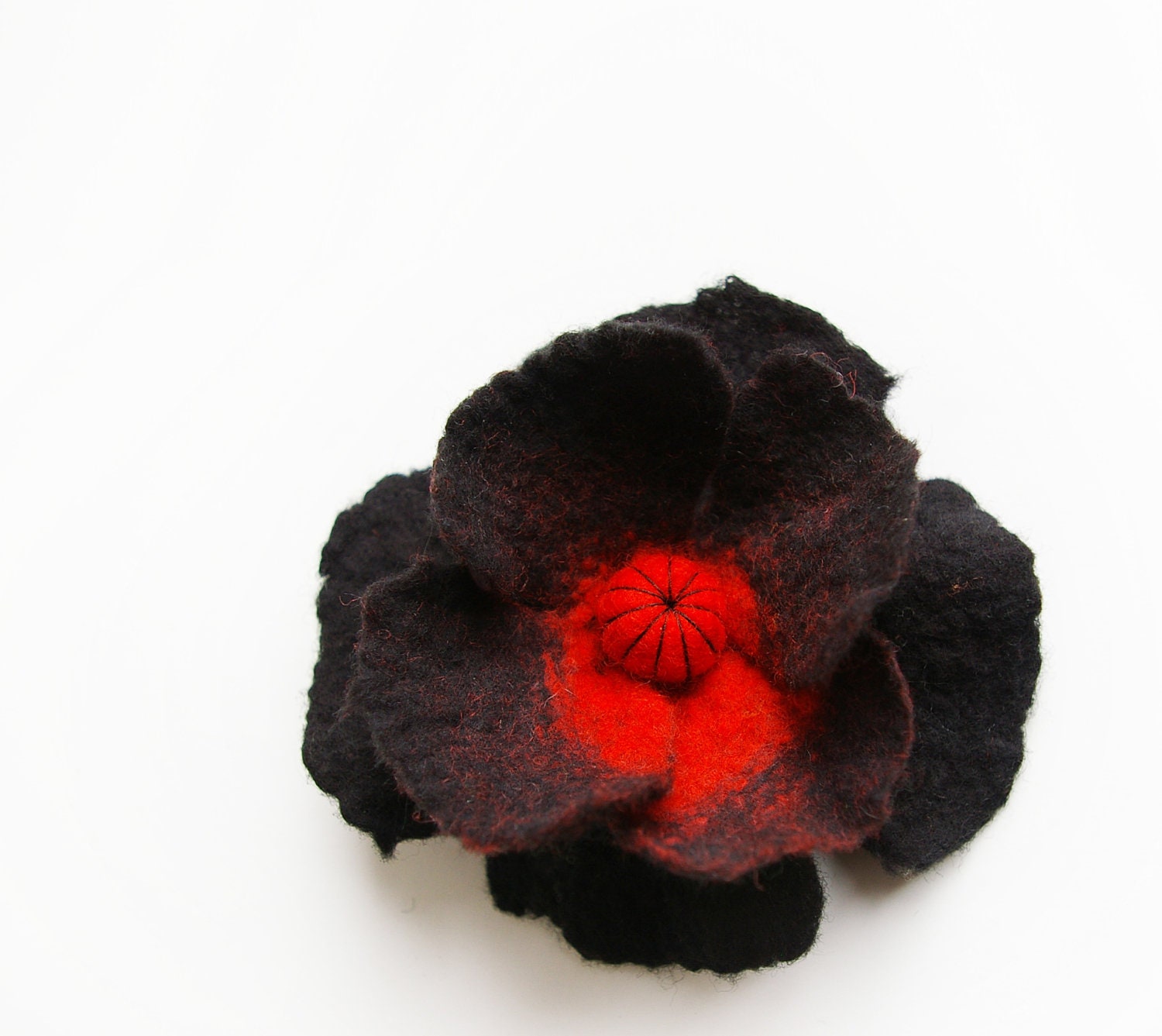 felted flower brooch red and black poppy  INVERTED  / made to order