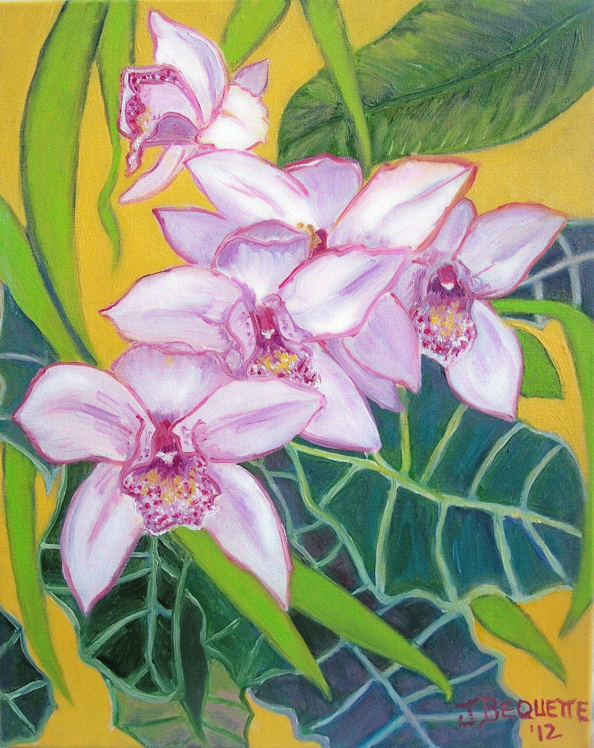 Original Oil Painting, 16"x20", Tropical Orchid Patterns in Pink, Purple, White, Yellow, Floral Garden Flower Gift Idea