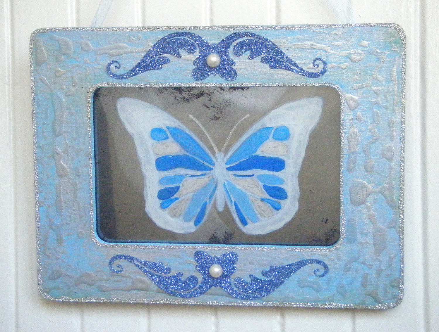 SALE Butterfly Art Antiqued Mirror in Blue and Silver Frame