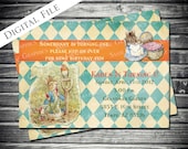 Peter Rabbit Blue & Orange Argyle Boy Birthday Invitation - Printable, Digital