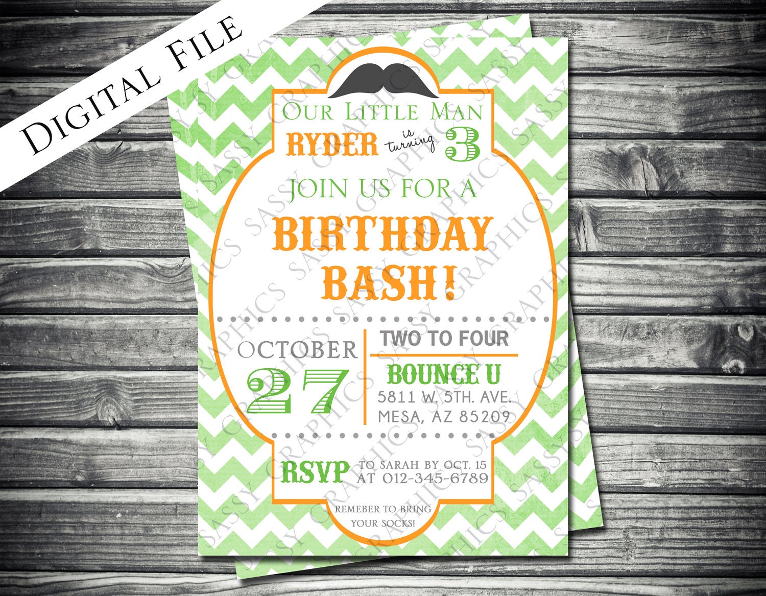 Modern Green Chevron Little Man Mustache Boy Birthday Invitation - Printable, Digital
