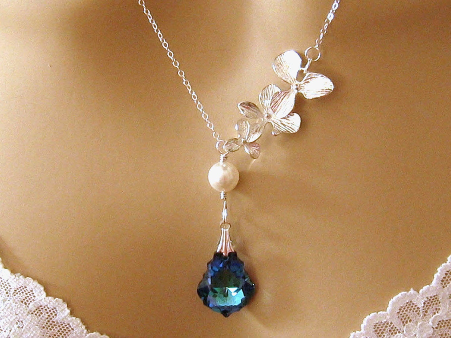 Romantic Blue Crystal Bridesmaids Necklace: Triple Orchid, Peacock Swarovski Crystal, Pearl Bridal Necklace, Peacock Bridal Wedding Jewelry