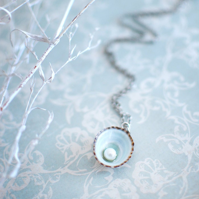 Pearl in the blue limpet shell necklace nautical jewelry, ocean nature lover gift