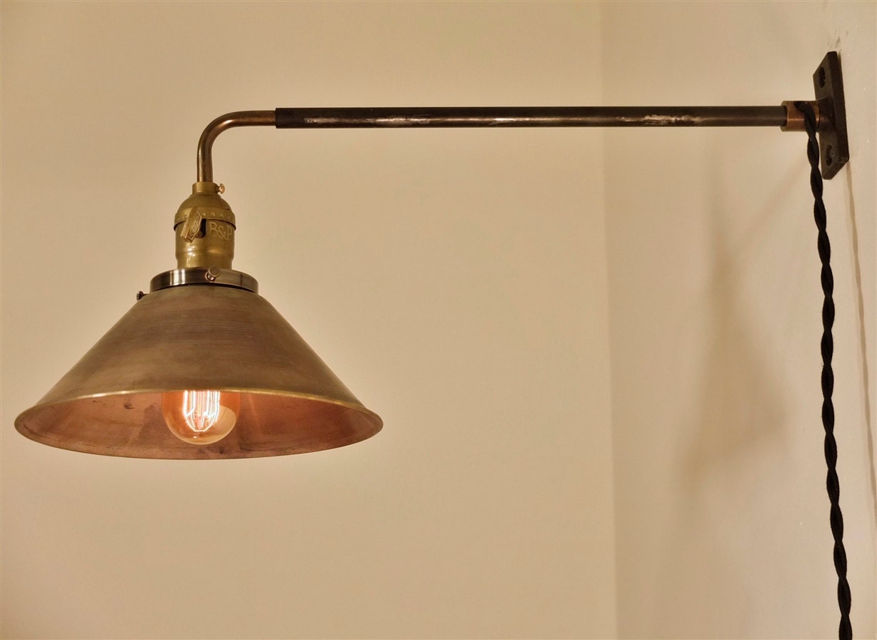 Vintage Industrial Wall Mount Light - BRASS SHADE - Machine Age Trouble Lamp Sconce, Milk Glass