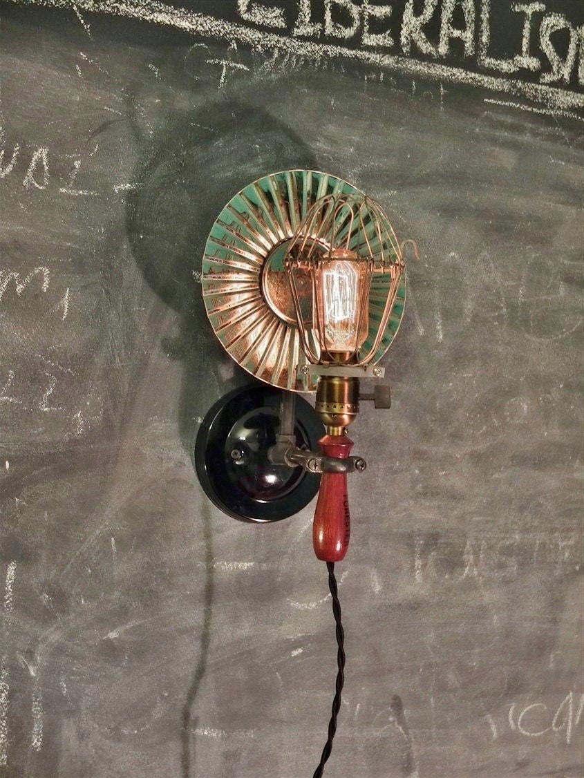 Vintage Industrial Cage Light with Wall Mount and Tin Reflector - Machine Age Pendant Trouble Lamp Sconce