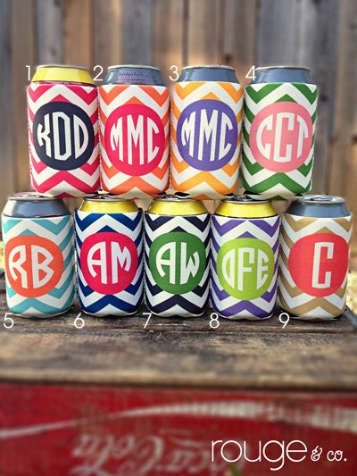 chevron koozie with monogram - choose from 9 different chevron color combos - see pic 2 to view options