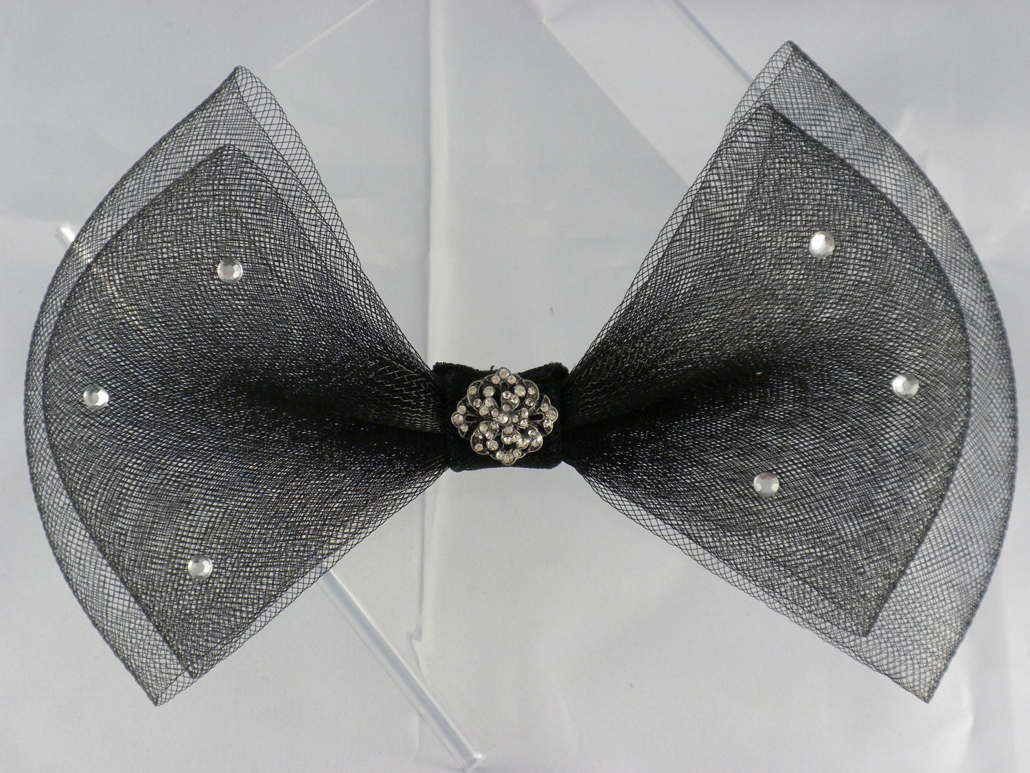 Big black bow fascinator hair accessory diamante detail and vintage diamante button on crocodile clip