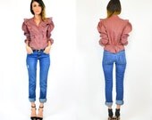 flirty FEMININE classic TARTAN plaid preppy chic BUTTON up blouse, extra small-small
