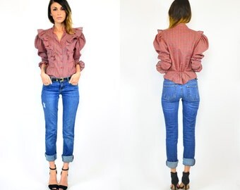 flirty FEMININE classic TARTAN plaid preppy chic BUTTON up blouse, extra small-small