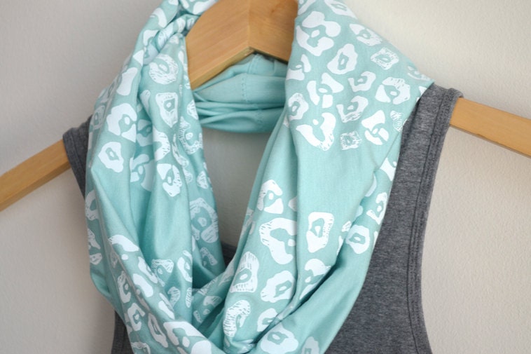 INFINITY SCARF - Screen Printed - White Leopard Print on Mint
