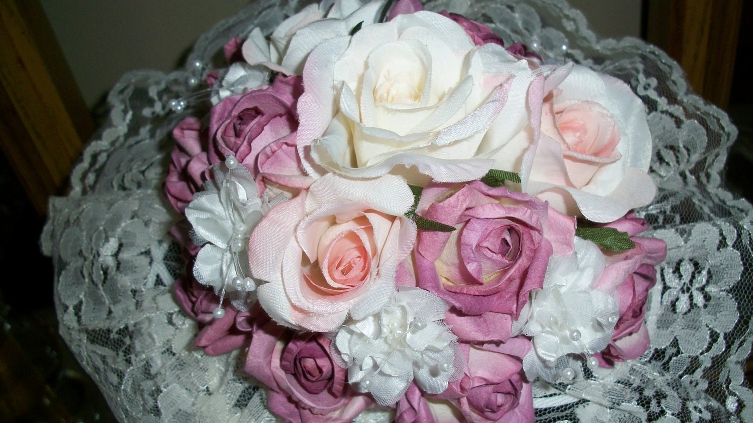 Silk Paper Roses Bouquet with Ivory Lace Bouquet Collar Il_170x135