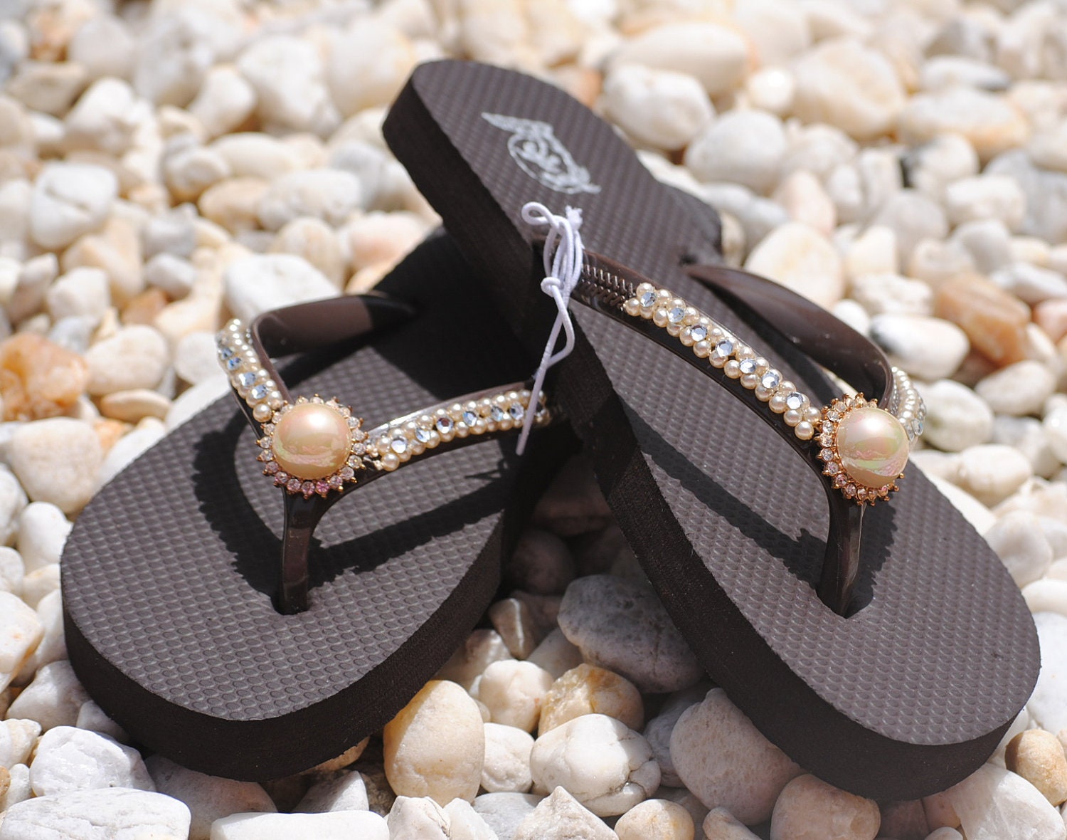 OOAK US 5/6 crystal blinged out, blingy Brown Pearls Rhinestone Flip Flops