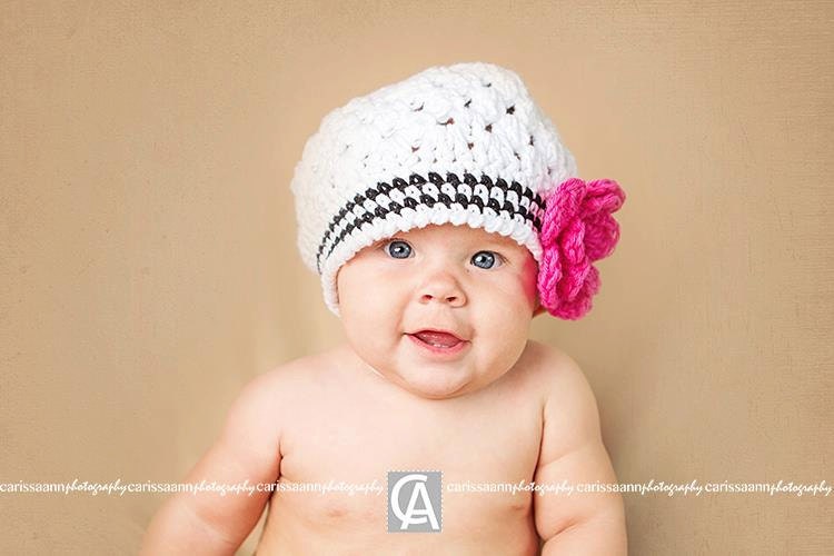 Baby Slouch Beanie, White with Black Stripes, Pink Flower, Photo Prop, MADE TO ORDER, Size Newborn to Child
