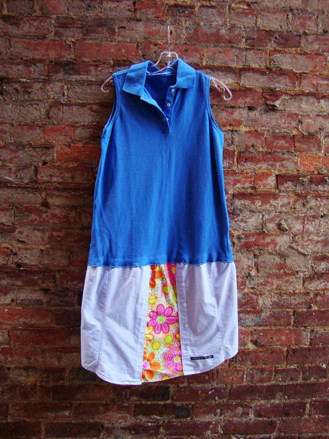 Upcycled Polo/Oxford Dress/ Womens Dress in Blue with Bright Vintage Floral Print/Eco Summer Clothing