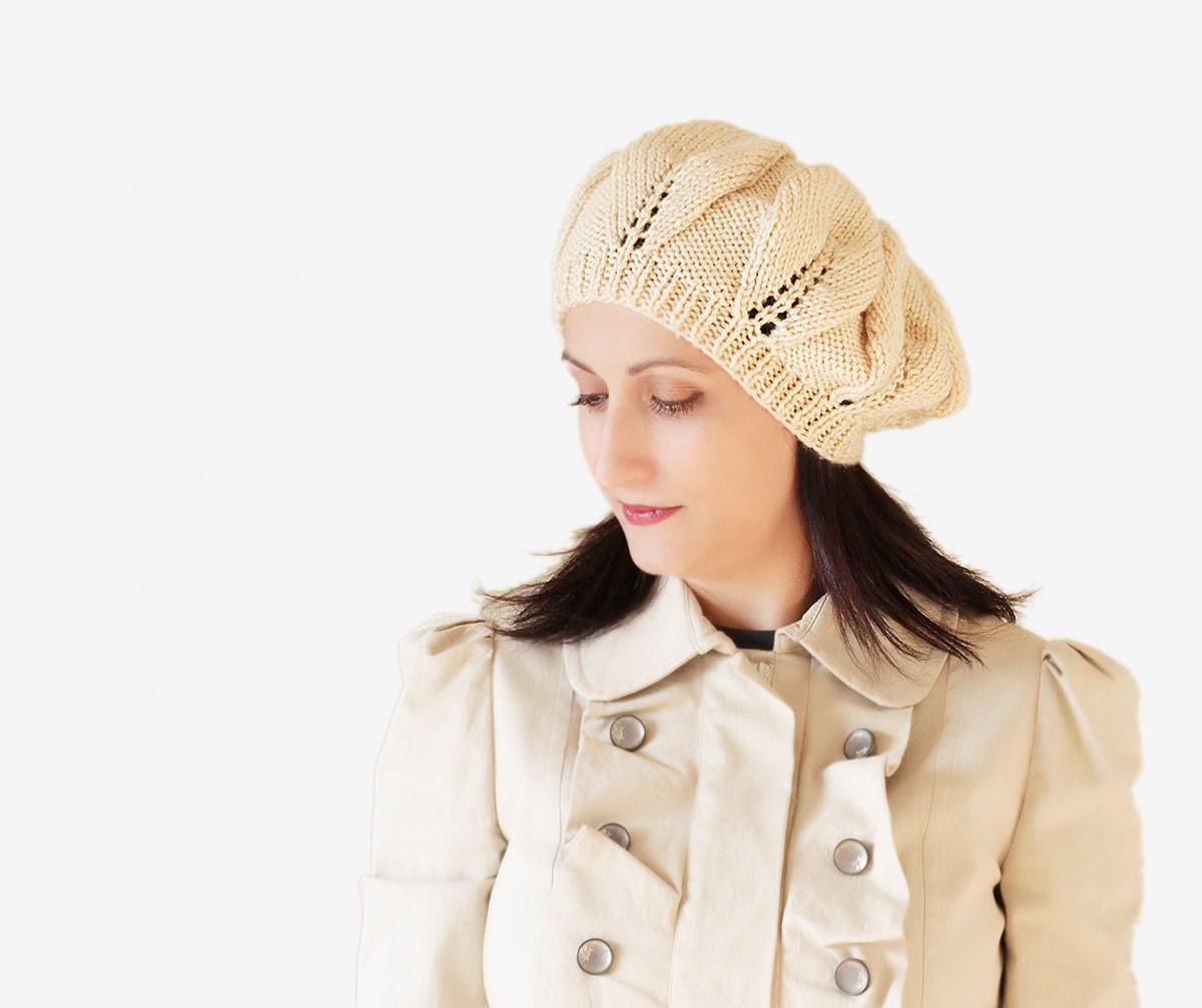 Women slouch knit hat (slouchy beret cream winter ladies beanie)