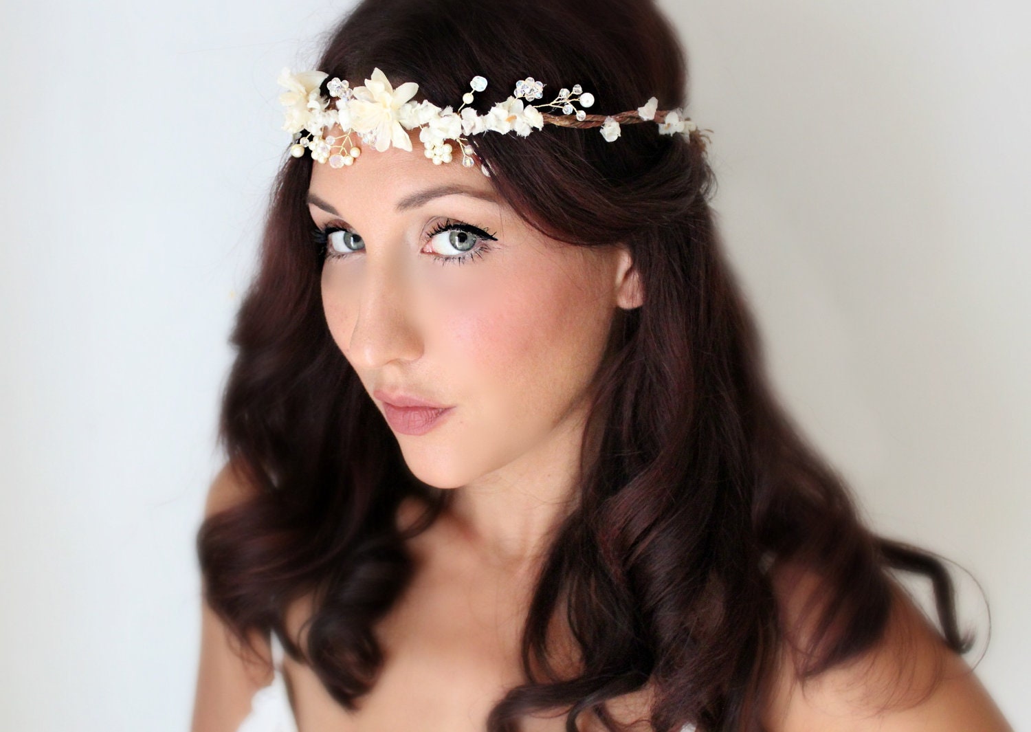 Wedding Flower Crown, Crystals and Pearls, Bridal Tiara, Hair Flower Soft White Bridal Tiara - ISLA