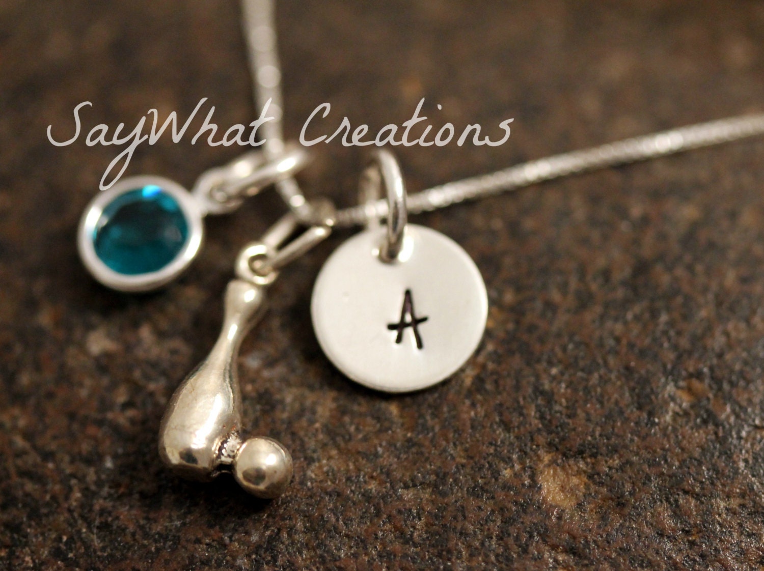 Sterling Silver Mini Initial Charm Necklace with Bowling Pin and Ball Charm and birthstone