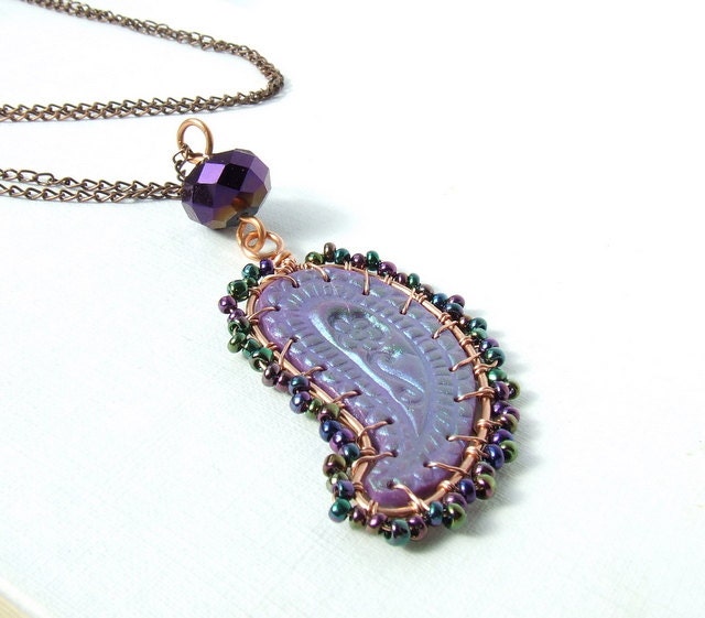 Paisley necklace, polymer clay cabochon, copper necklace, OOAK  jewelry, statement jewelry
