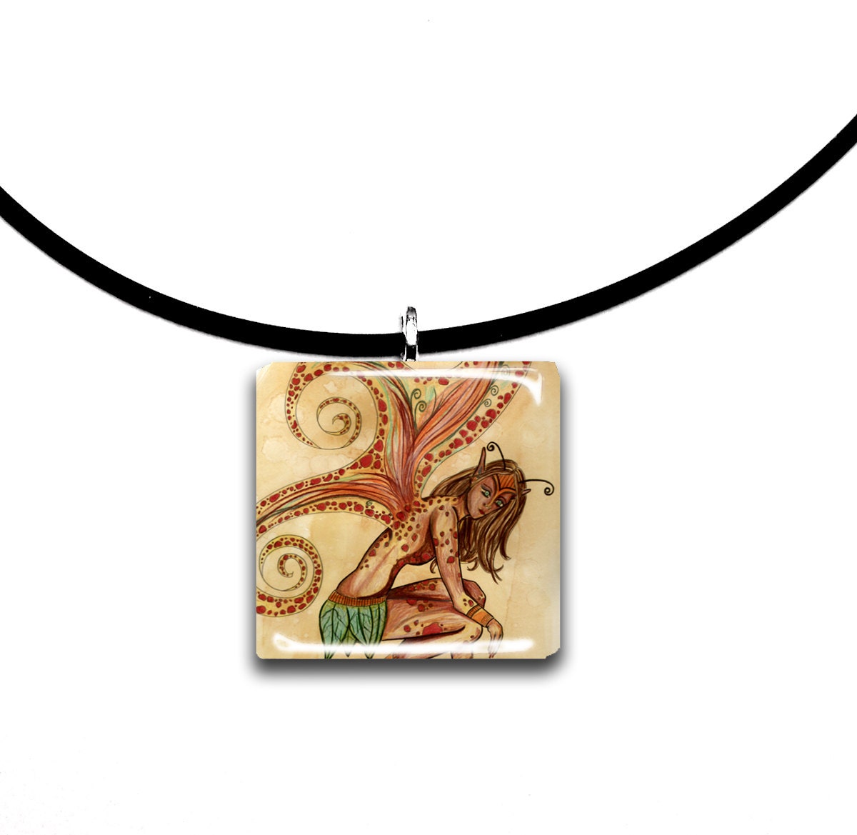 Orange, browns, green, and natural colors Fairy Fantasy art glass tile pendant,  wild thing fae, beautiful faerie wings