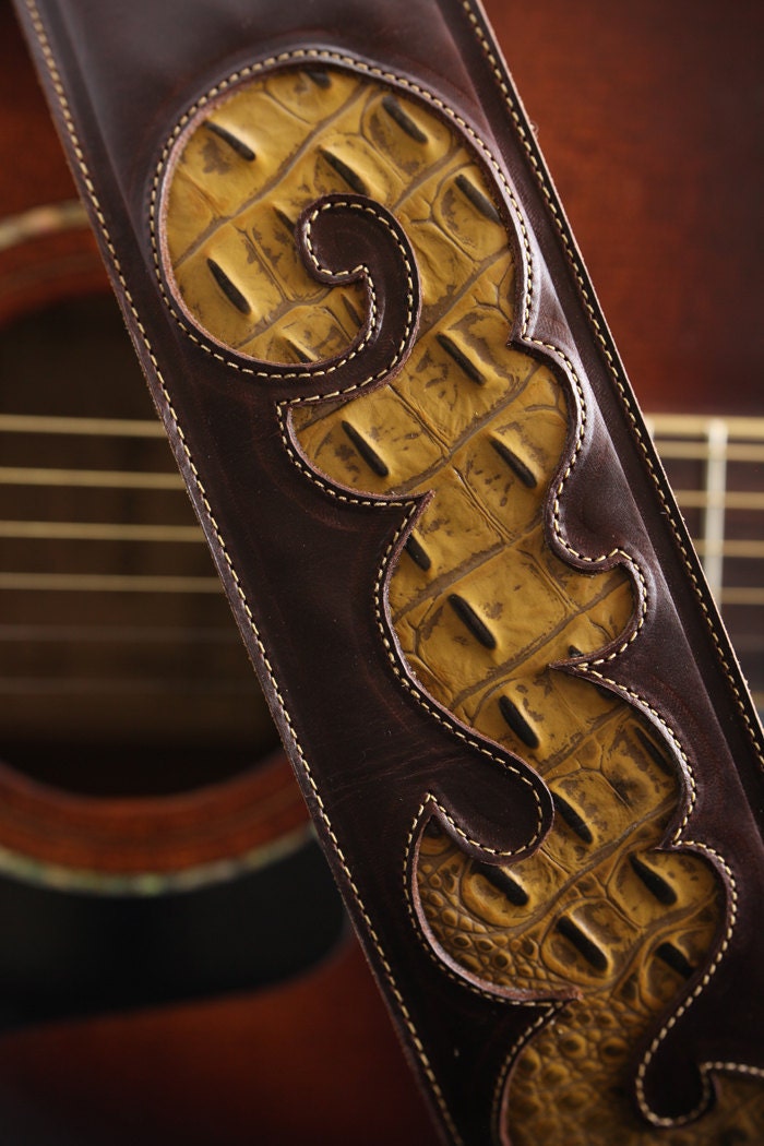 Leather Guitar Strap: brown leather guitar strap with yellow faux gator design "Desperado Guitar Strap"