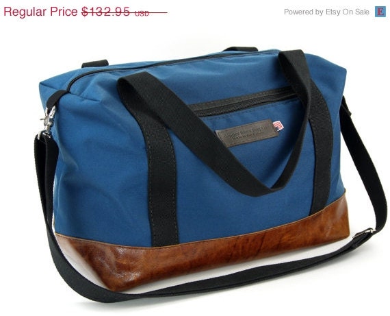 Summer Sale 18" Leather Carry On Bag NEW:  Slate Blue and Italian Caramel - Tuscan Travel Leather Carry On Bag - Handmade in the U.S.A.