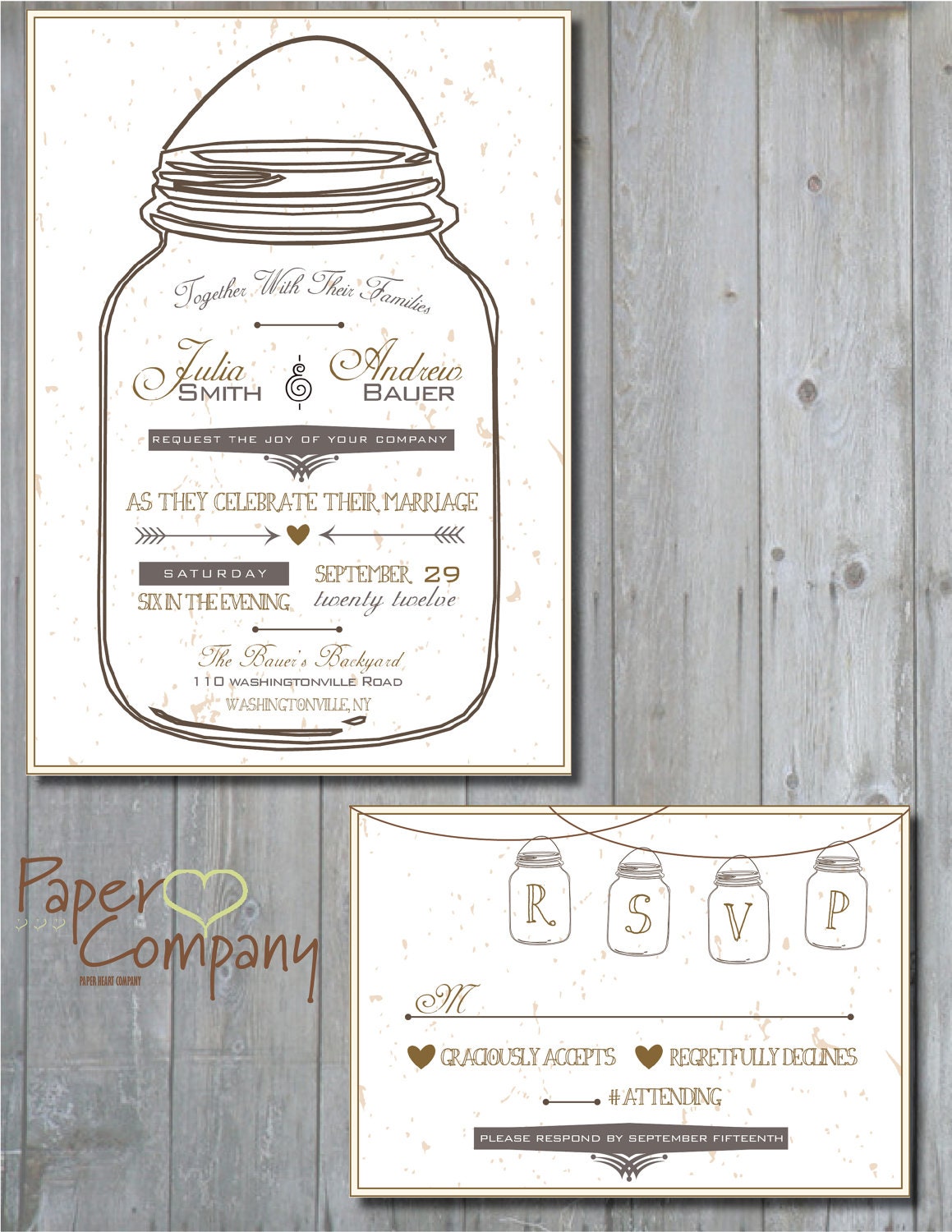 MASON JAR LOVE Wedding Invitation/Response Card - 100 Professionally Printed Invitations & Response Cards Il_570xn