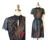 vintage 1970's dress DEEP SEA ocean life BLACK graphic print / mermaid - retro