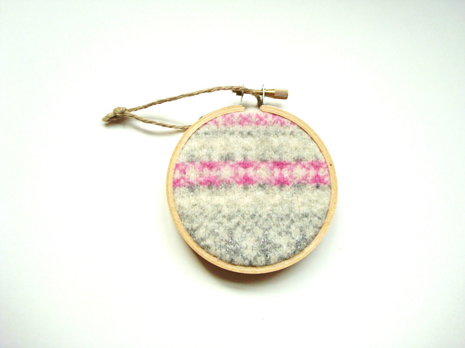 Pink Christmas Ornament / PINK & WHITE Hoop Ornament Fair Isle Felted Sweater Wool