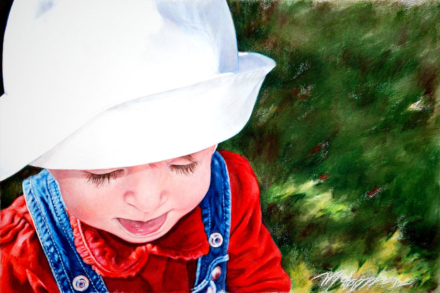 Mothers Day Gift , Little Girl in a Sailor Hat and Overalls, Framed Original Painting by Margi Hopkins of Pepper Portraits LLC.