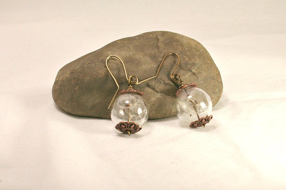 Real dandelion seeds in Clear Glass Orb, earrings, Antiqued brass