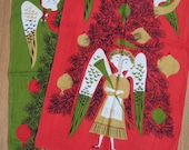 Angel pair. Set of 2 vtg Tammis Keefe midcentury kitchen towels, Christmas Holiday angels, red green. Great condition.