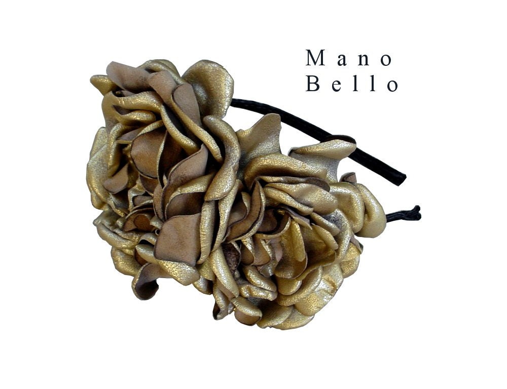 Gold Leather Flower Headband Bridal Fascinator Suede Covered Hairband Gold Foil & Black in stock
