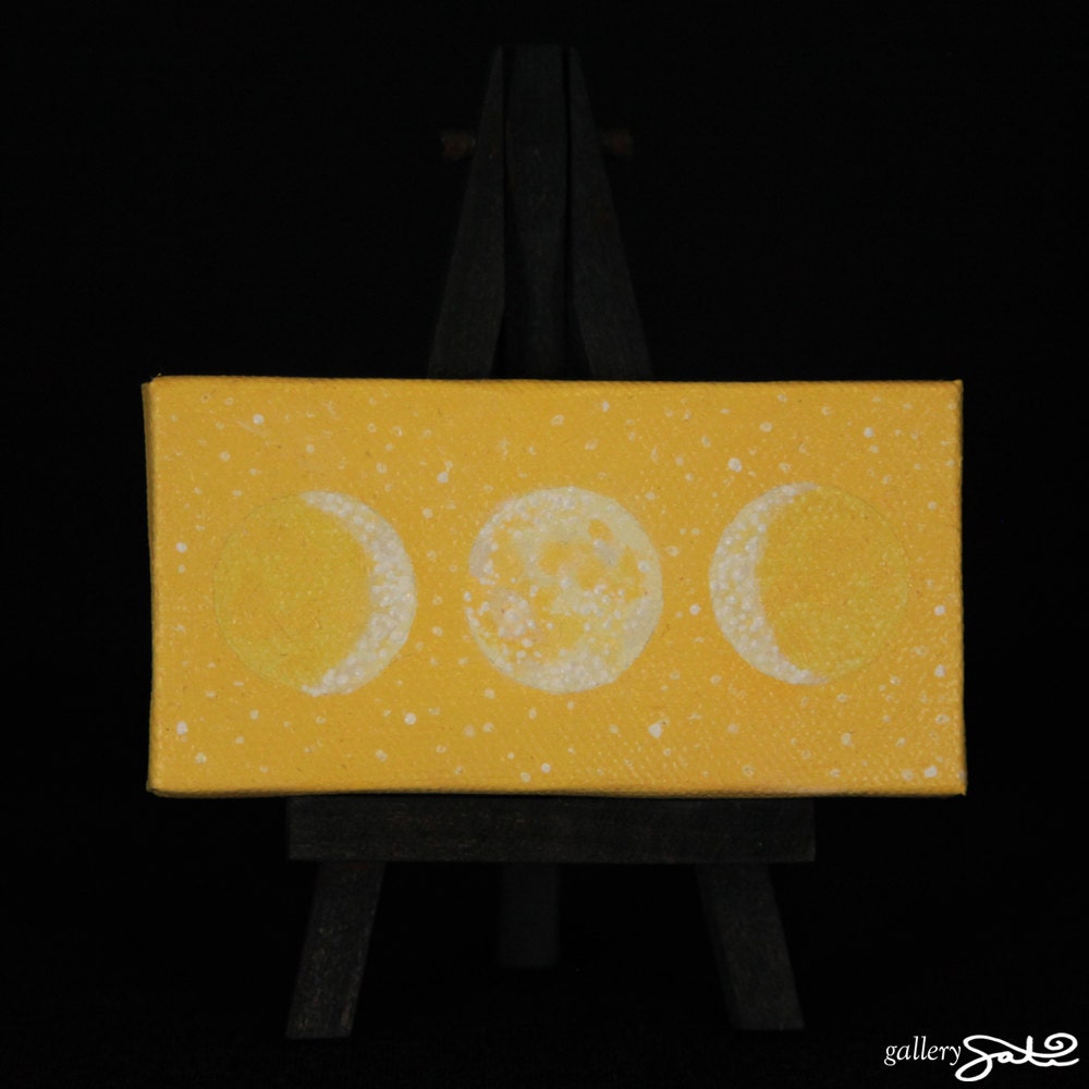 Yellow Sacred Feminine Moon, 2" x 4" Oil Painting, Comes with mini black easel and magnet strips on back