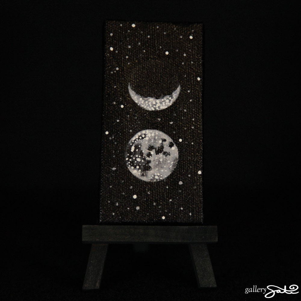 Black Sacred Masculine Moon, 2" x 4" Oil Painting, Comes with mini black easel and magnet strips on back Made To Order