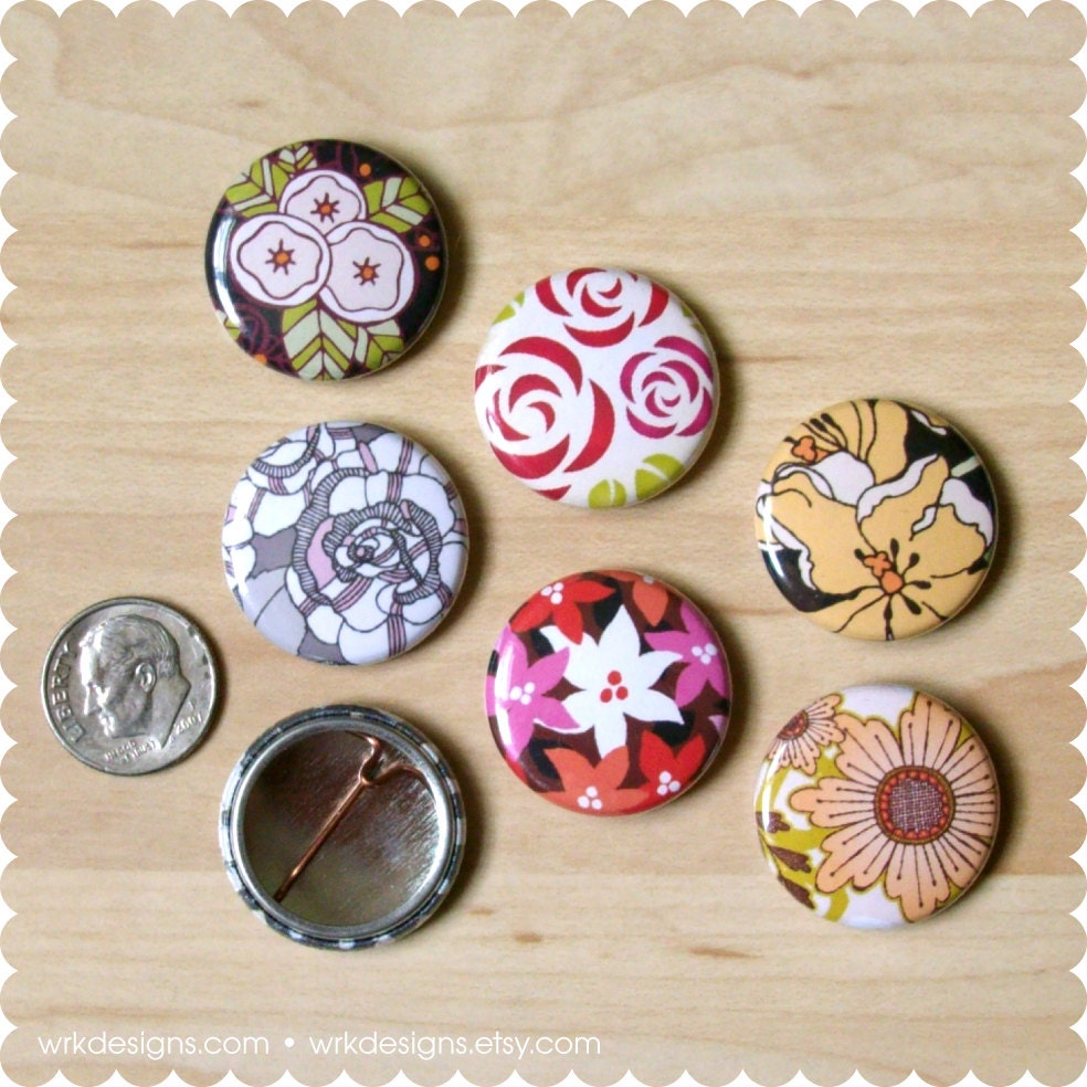 Flower Pin Back Button Pack - Set of 6 - Original Designs