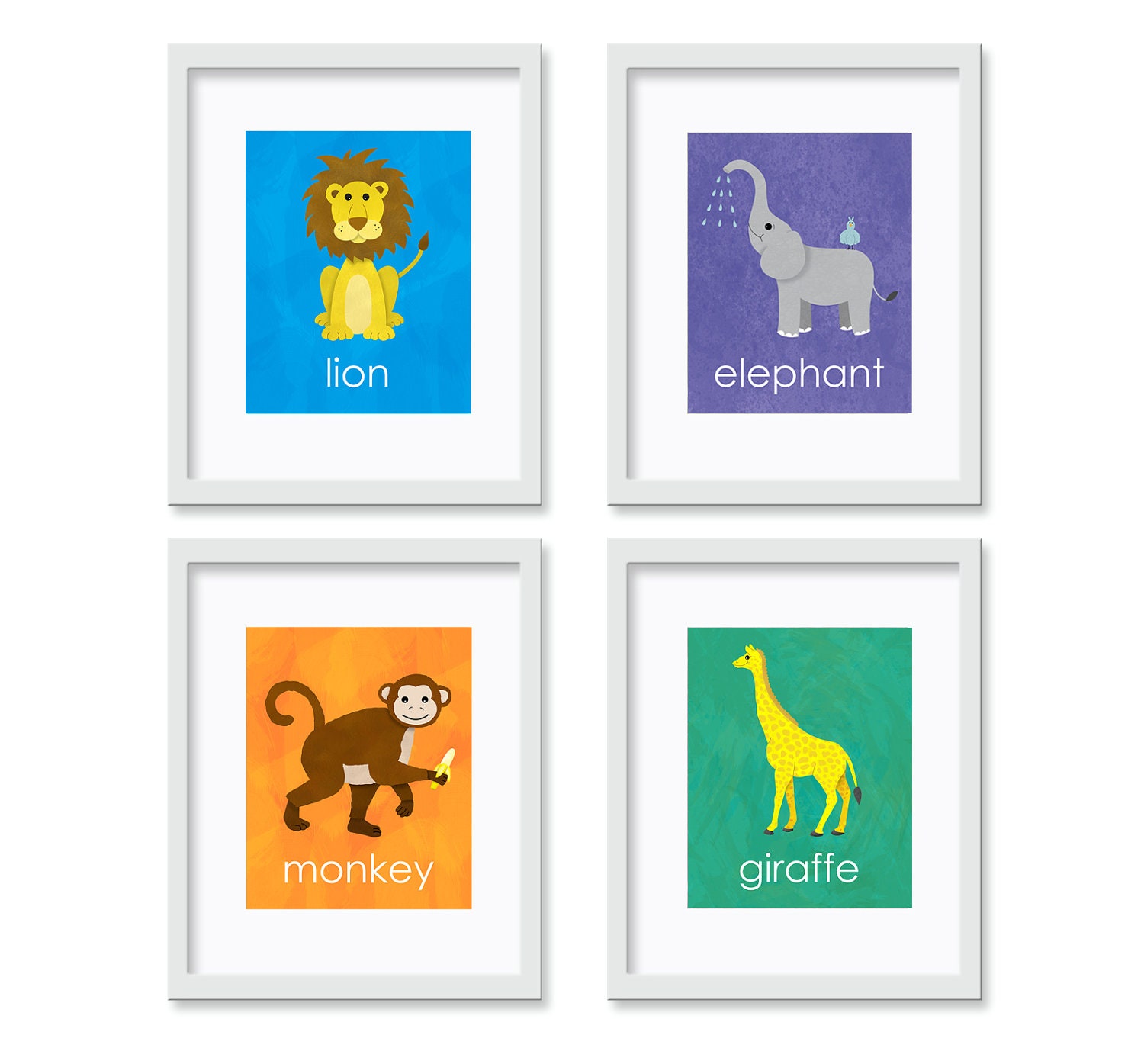 Jungle Safari - Set of Four 8x10 Art Prints - Nursery Art, Childrens Art, Room Decor, Kids Wall Art, Nursery Decor, Kids Decor