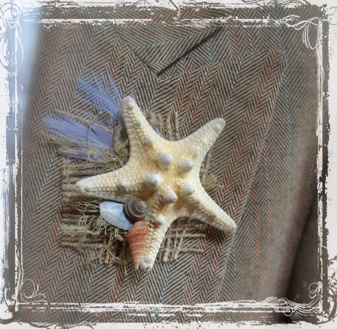 Beachcomber Boutonniere - Sea Weddings - Coastal Wedding - Starfish Feather Seashells - Groom Groomsmen - Natural - Destination Beach