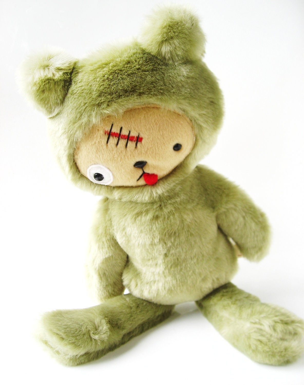 Kawaii ZOMBIE Teddy Bear Plushie in Green Faux Beaver Fur Large ZOMBEAR Limited Quanity