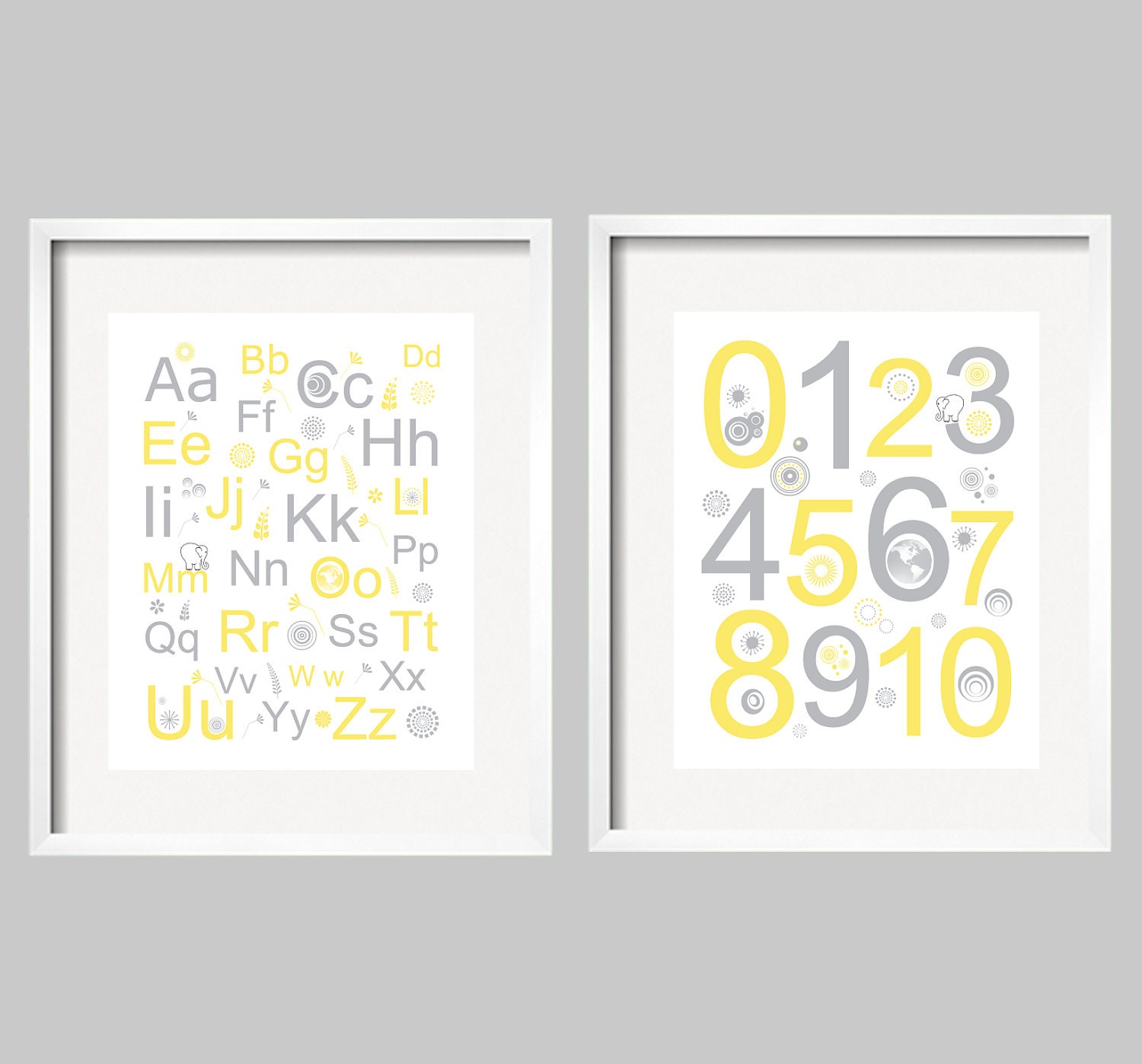 Kids Wall Art 16x20 Alphabet and Numbers Set of 2 Modern Children's Art Posters in yellow and grey by YassisPlace