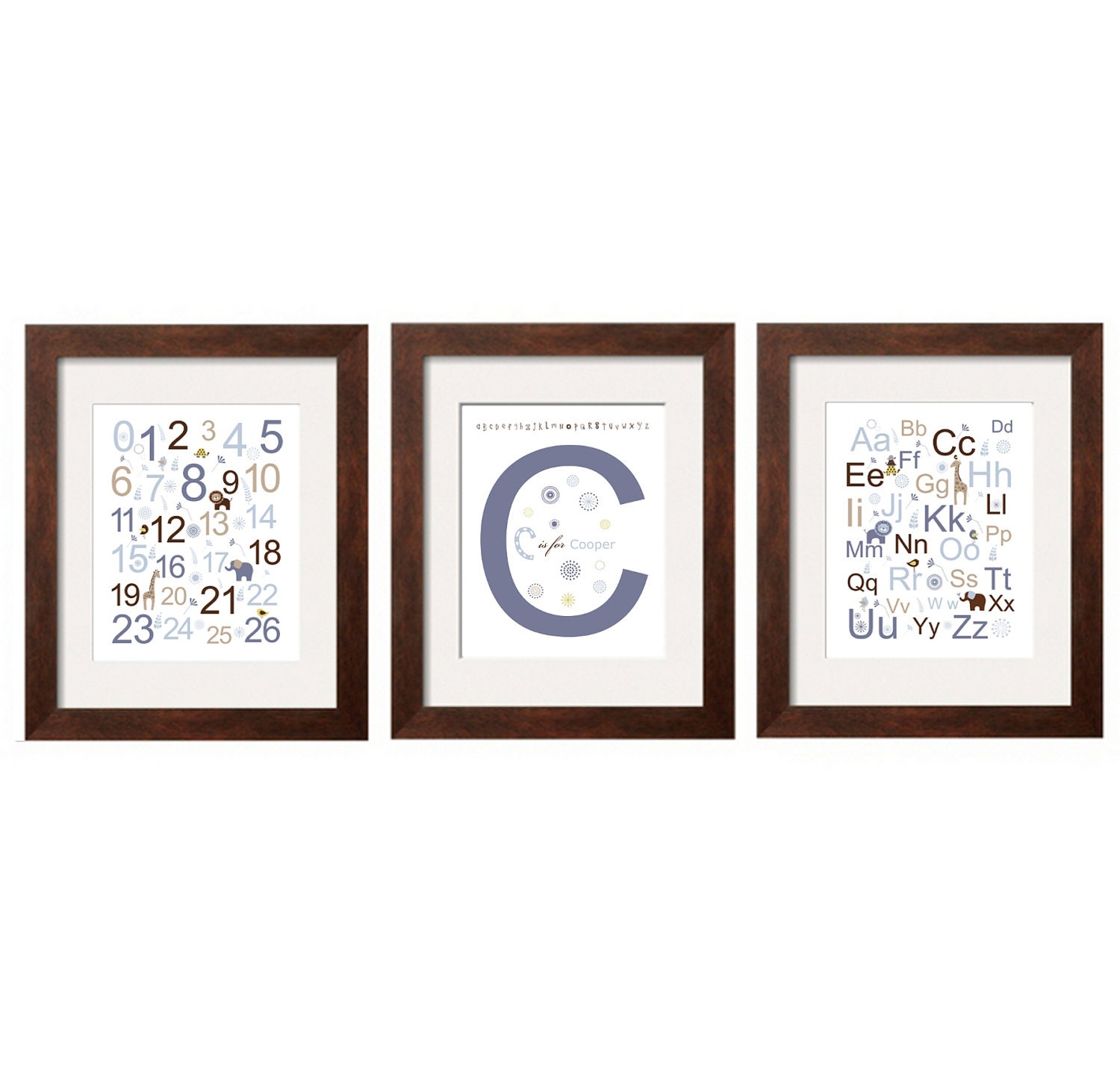 Alphabet, Numbers and Name Print in denim blue brown, tan and a touch of mustard green 11x14 by YassisPlace