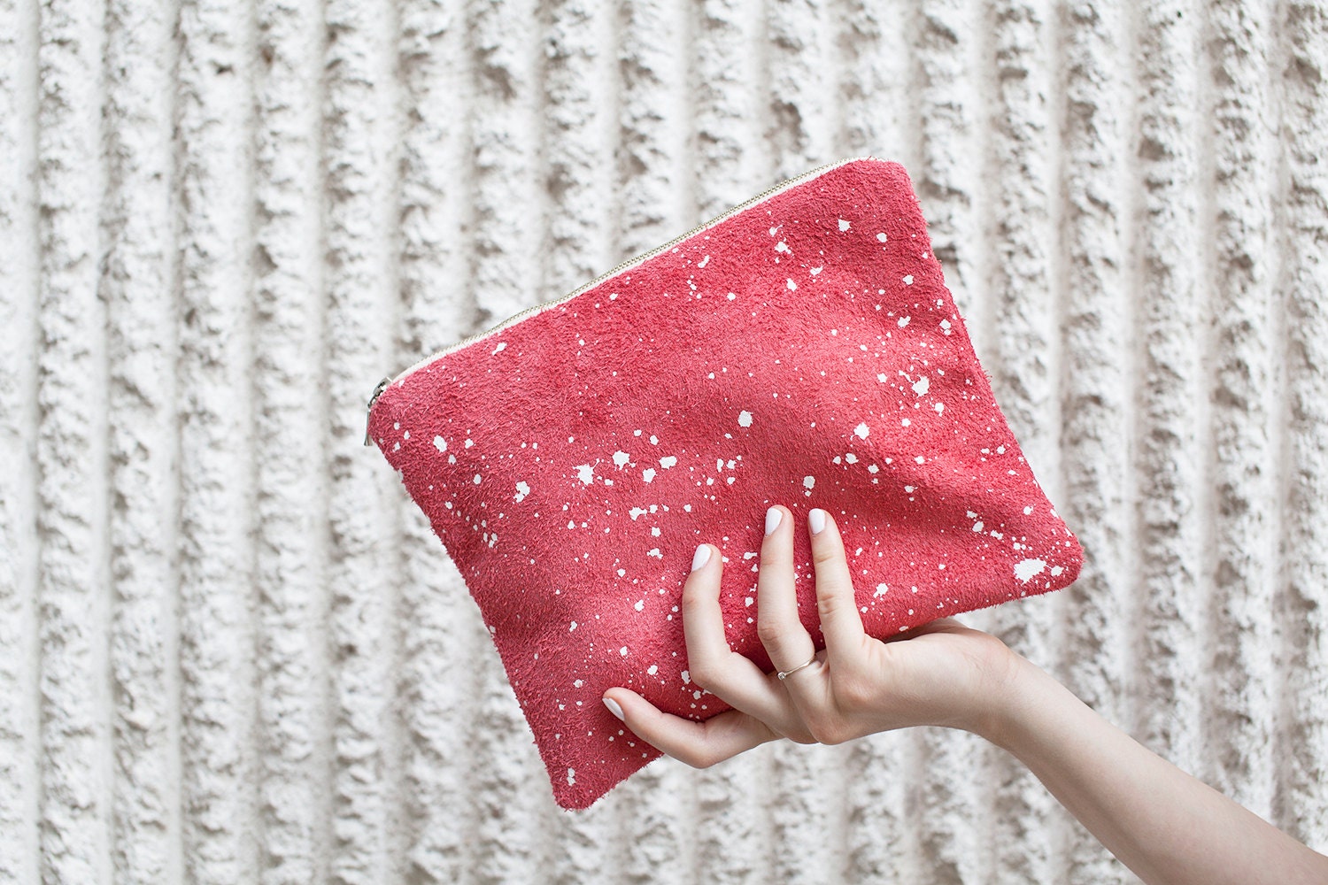 LAST ONE Coral Red Splatter Leather-Suede Pouch No. SZP-101