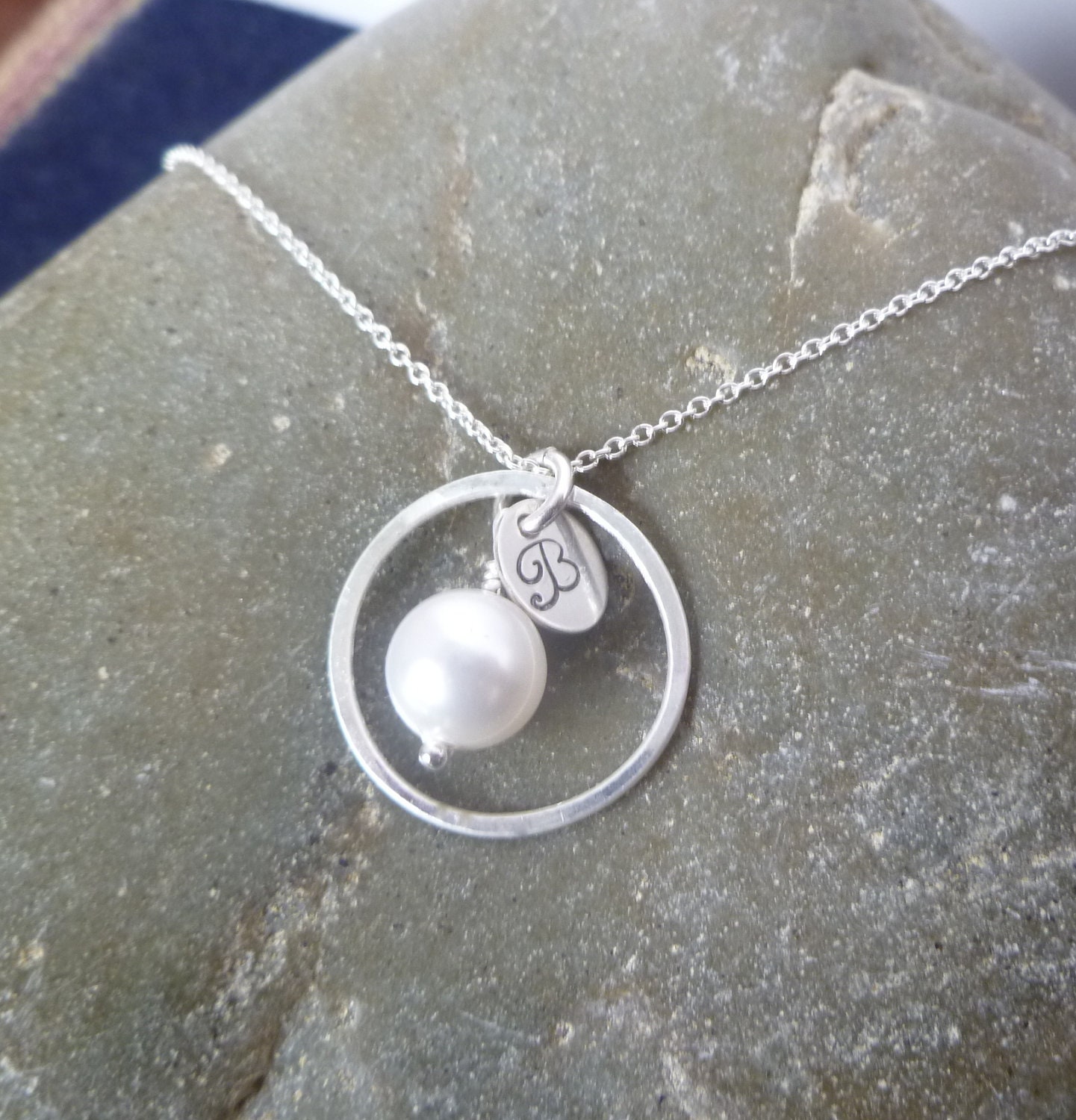 Pearl and Eternity Circle Necklace with Oval Hand Stamped Initial - Sterling and Fine Silver - Bridesmaid Gift