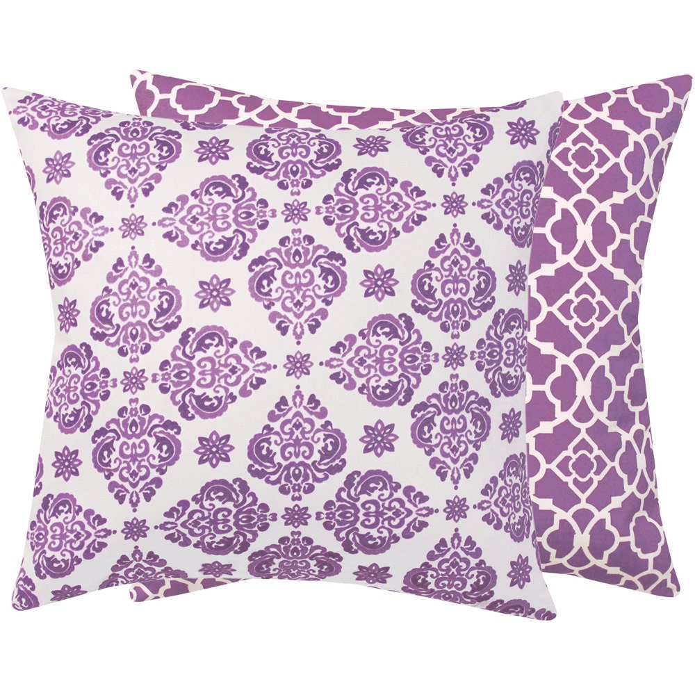 Purple Violet Throw Pillow Cover 18x18 Double Sided Lumbar Damask Florals with Lattice, Lucky Violet Collection