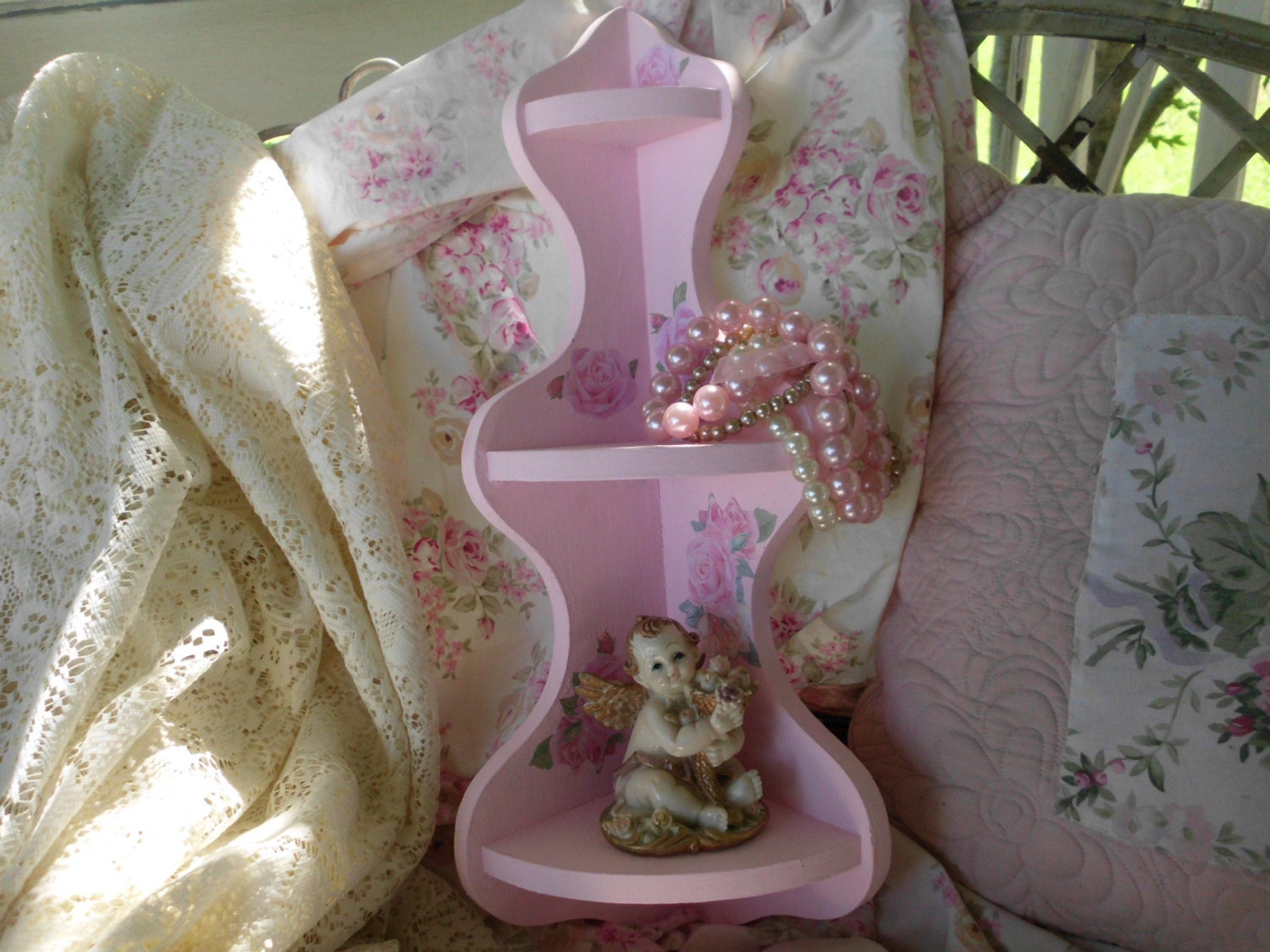 SHABBY CHIC  French  Pink   Corner  Shelf   Candy Pink  Roses  Home Decor  Cottage Chic  Ooh  La La