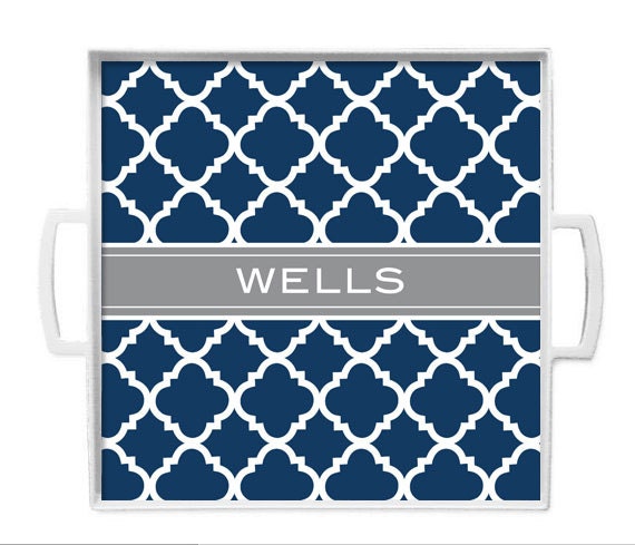 Personalized Square Melamine Tray- Quatrefoil-  Choose your own Colors- Wedding, Engagement Gift